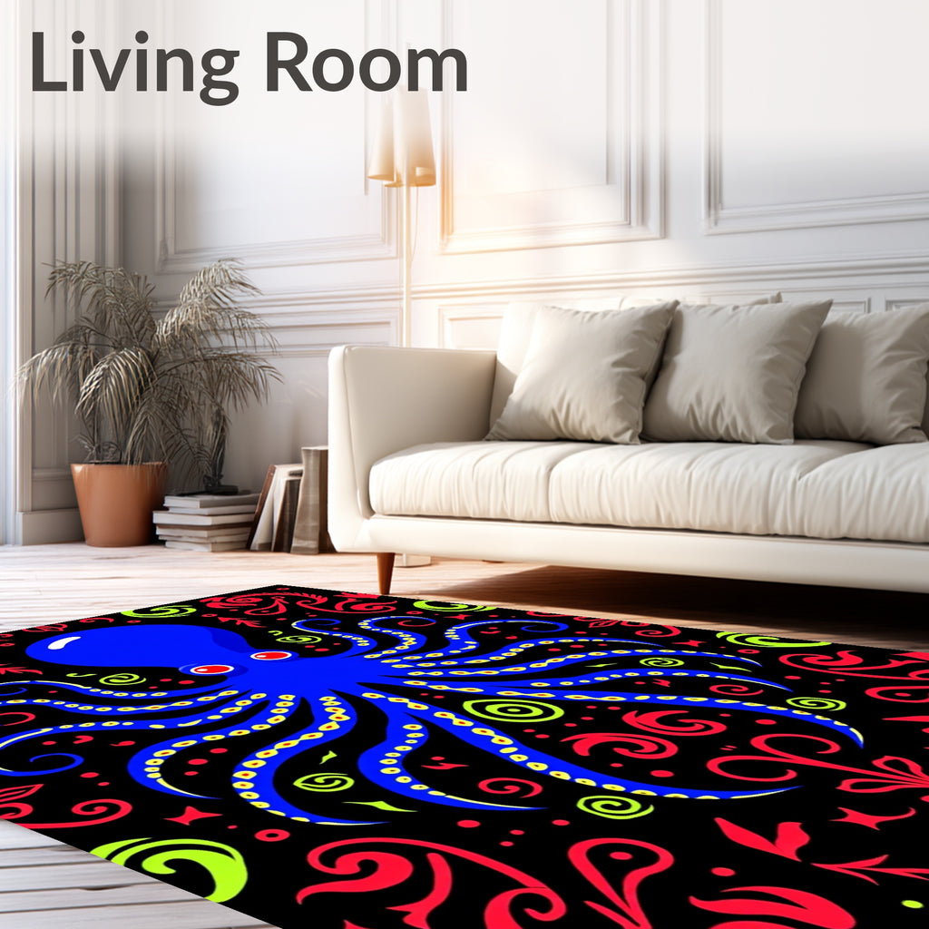 Bold Blue Octopus Red Green Flora Rug