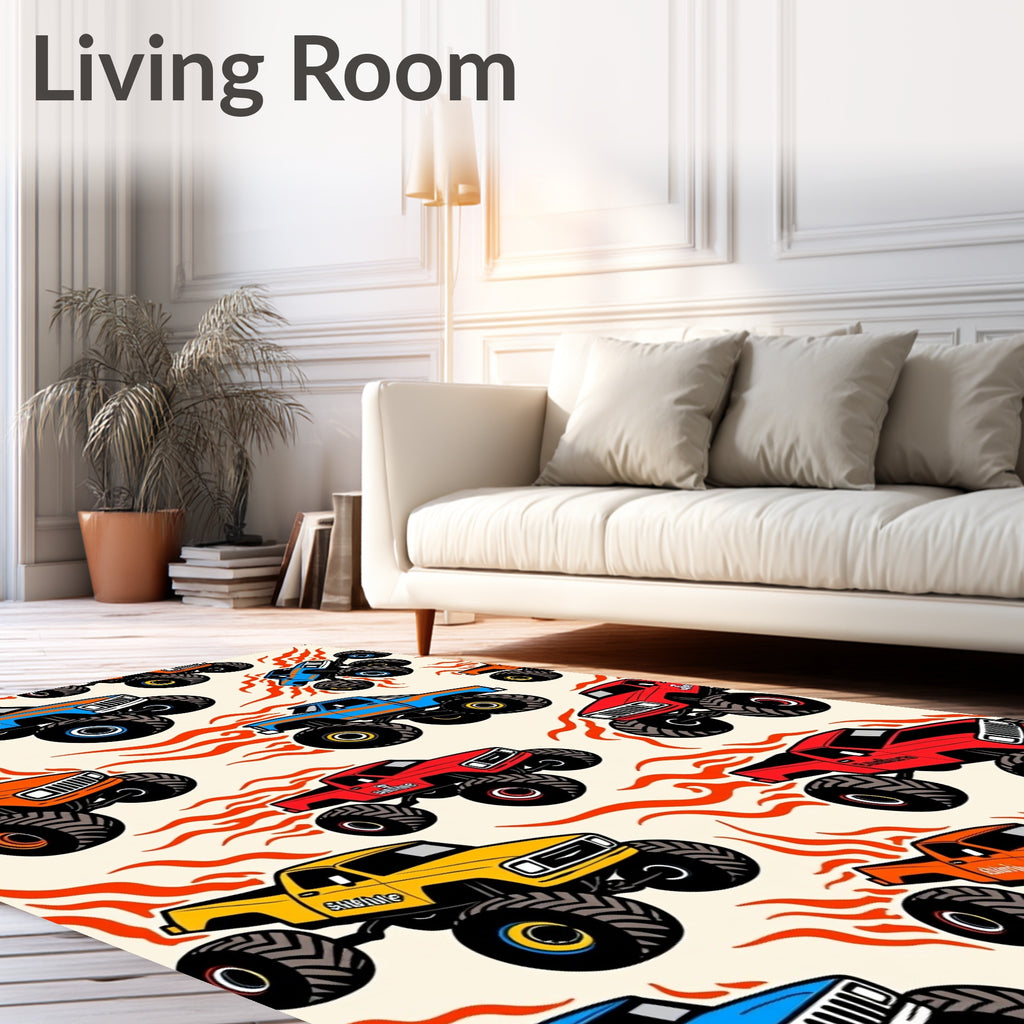 Vibrant Monster Trucks Racing Flames Rug