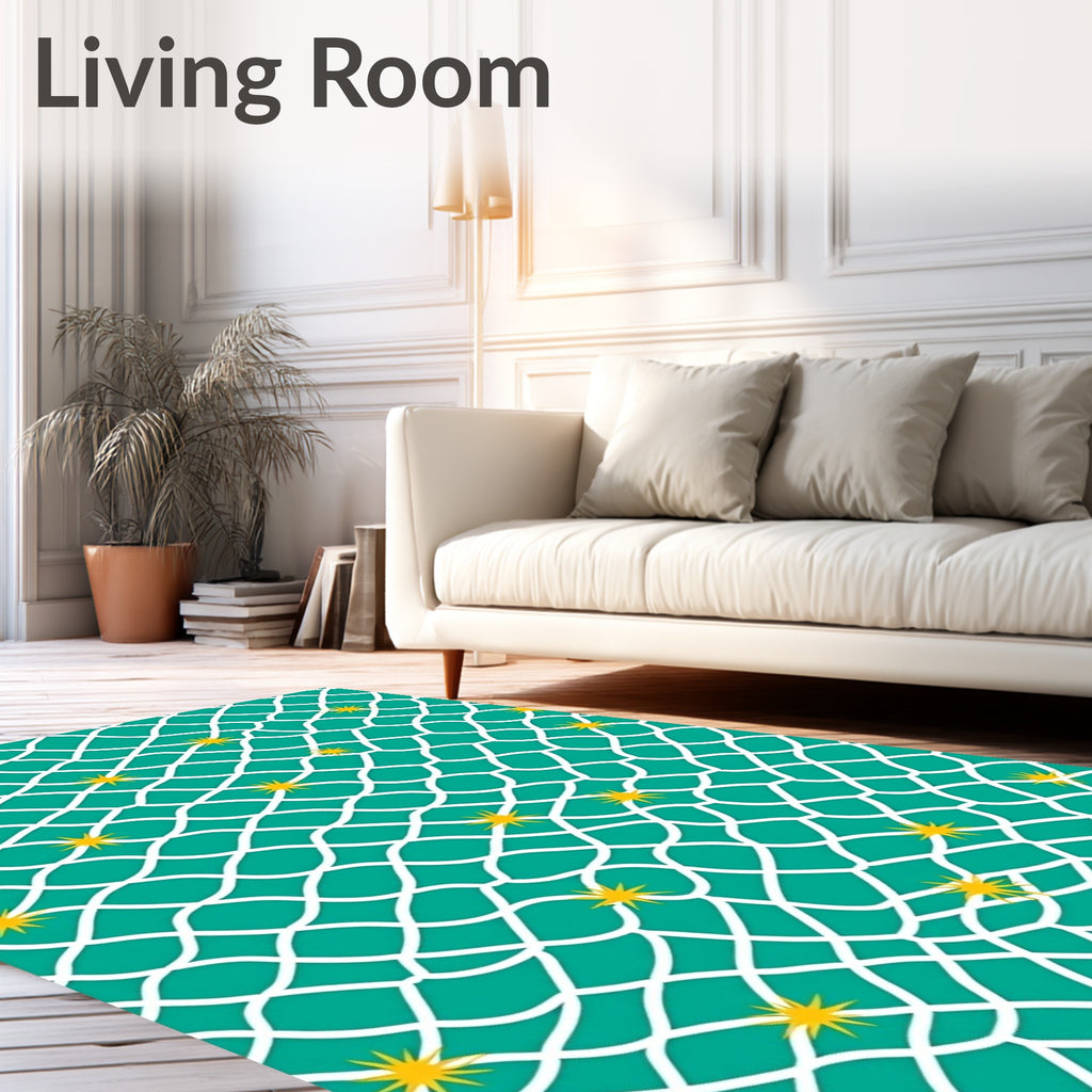 Teal White Net Yellow Starbursts Rug