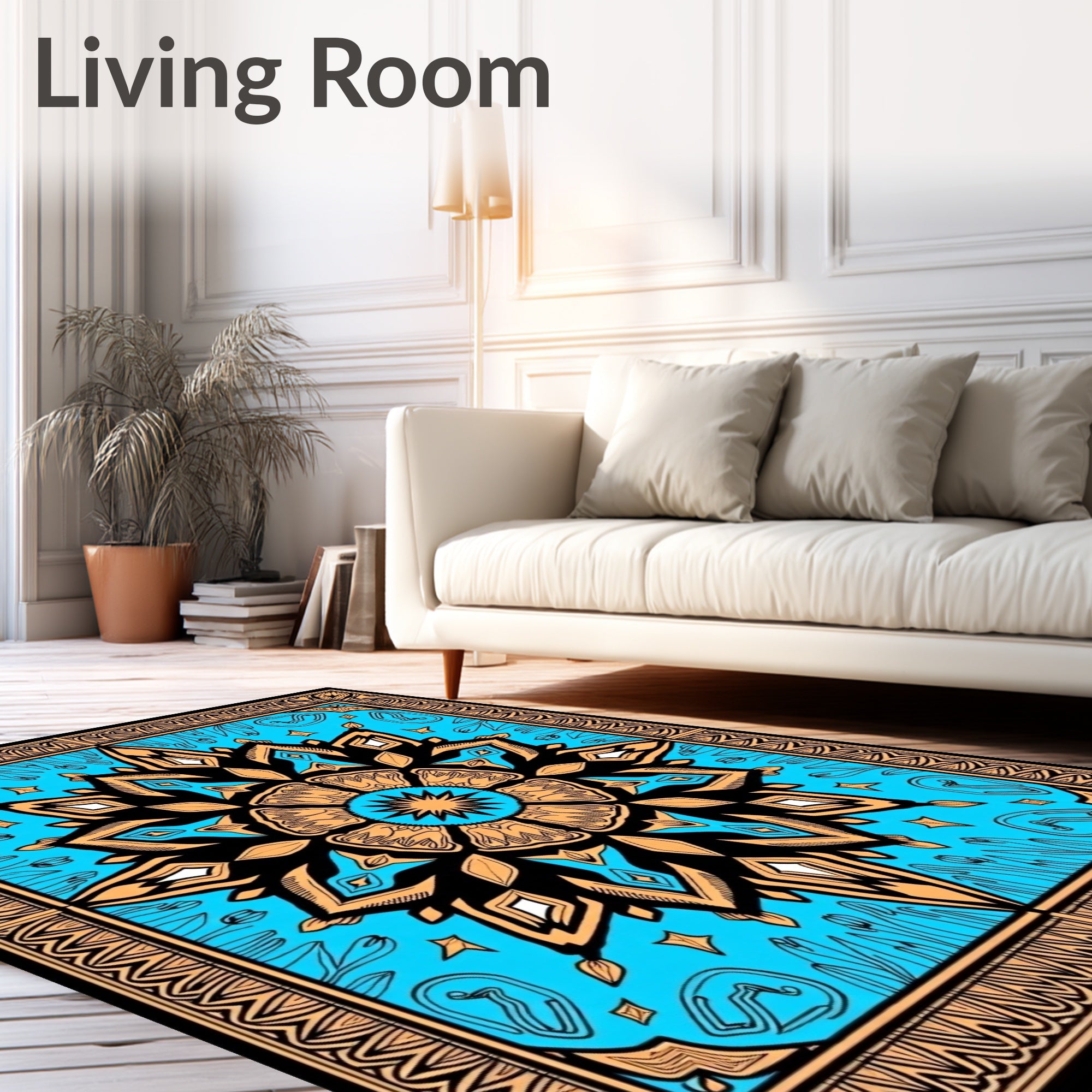 Golden Teal Mandala Floral Border Rug