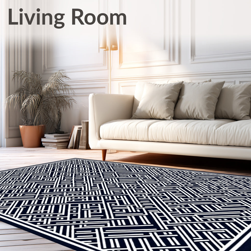 Deep Navy White Geometric Maze Rug