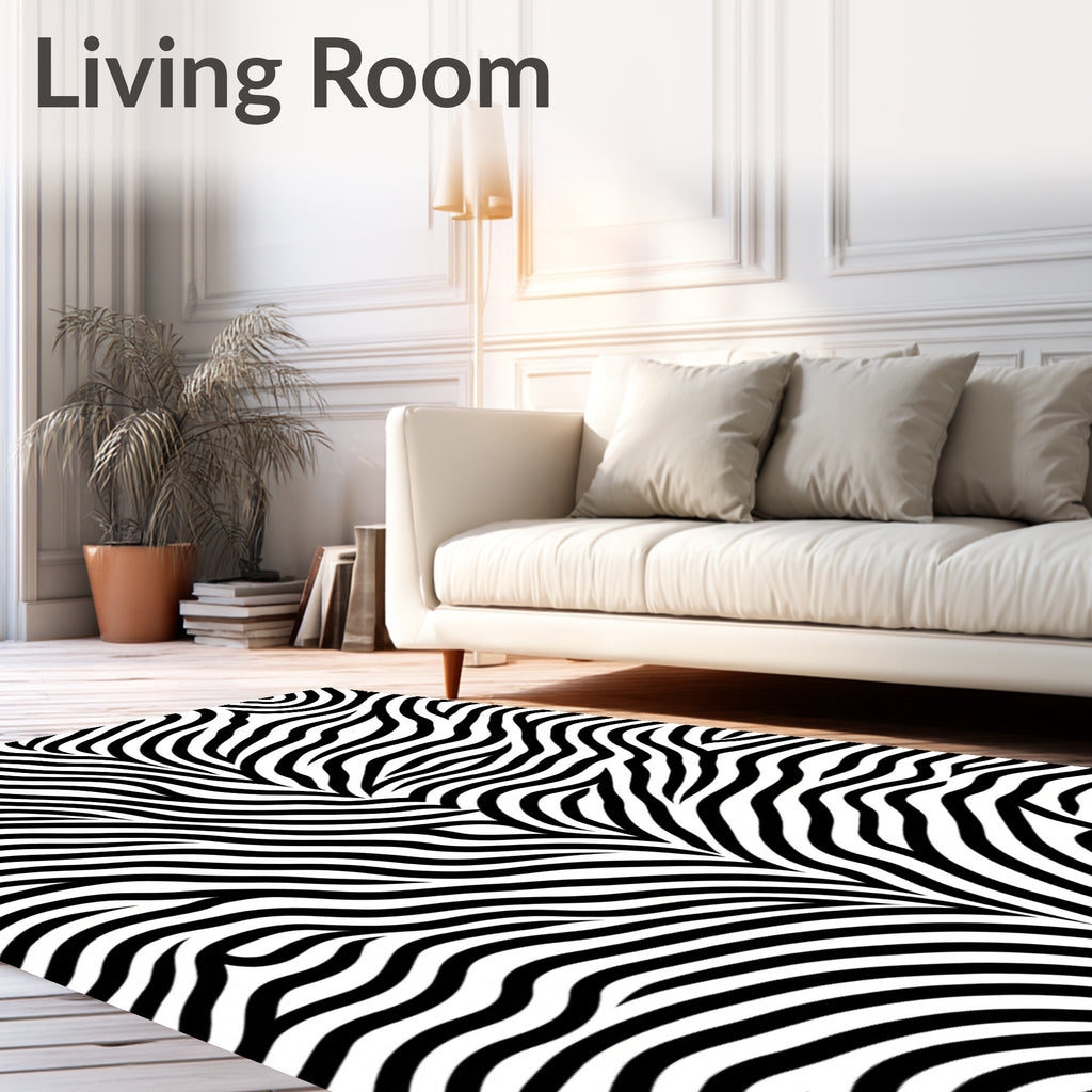 Bold Black White Organic Waves Rug