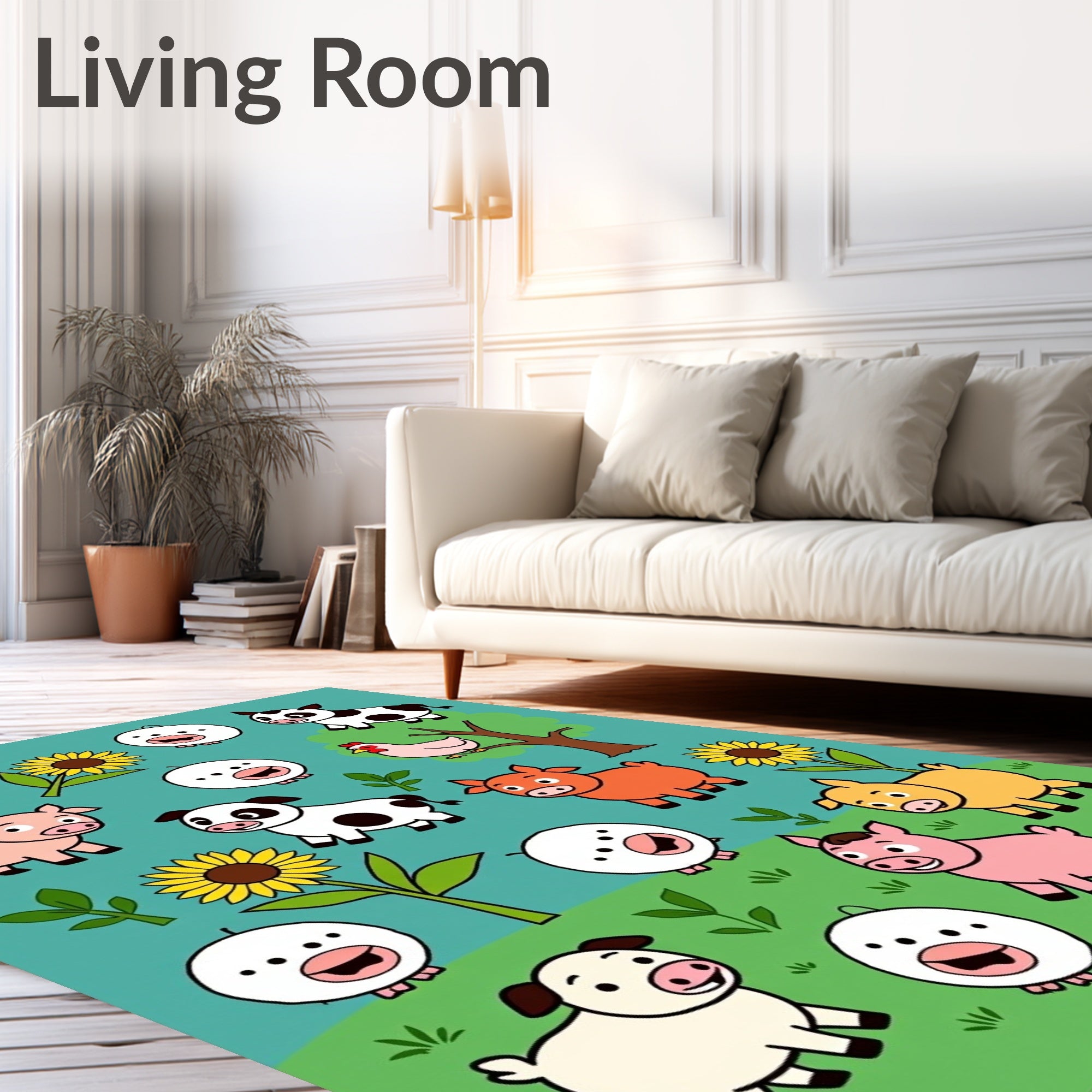 Cute Farm Animals and Sunflowers Playful Assortment Rug