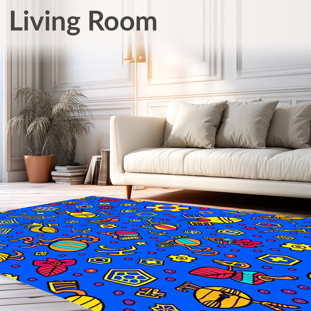 Whimsical Blue Yellow Red Creature Garden Rug