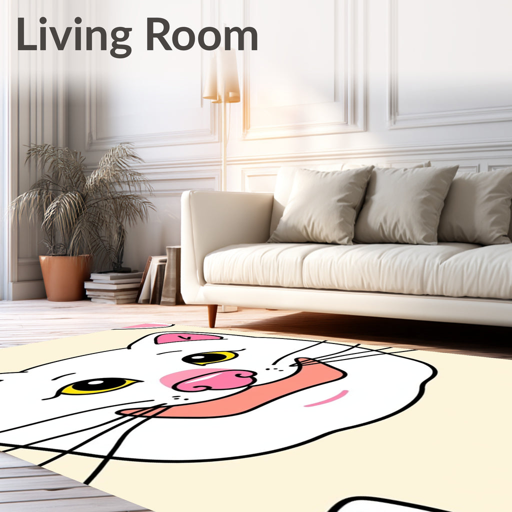 Happy White Cat Face Cream Background Rug