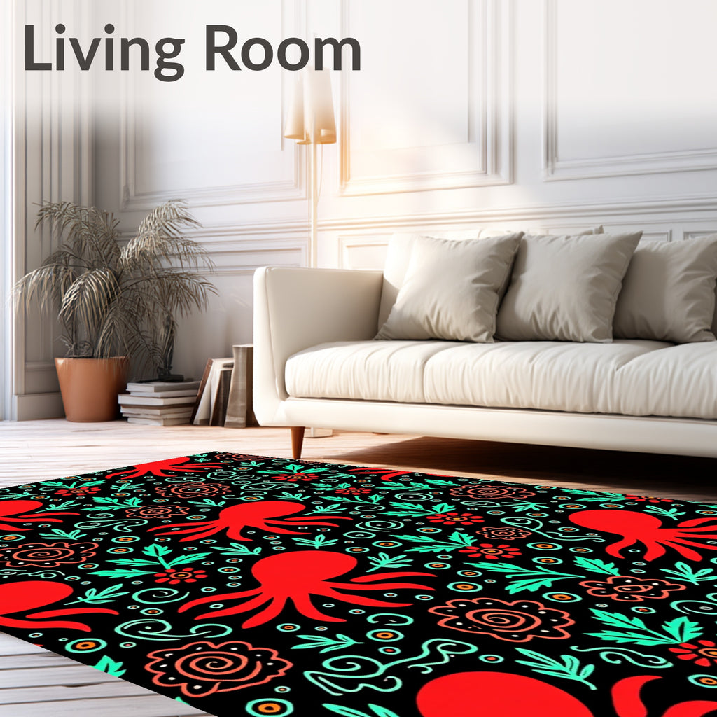 Red Octopus Floral Whimsical Folk Art Rug
