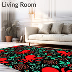 Red Octopus Floral Whimsical Folk Art Rug