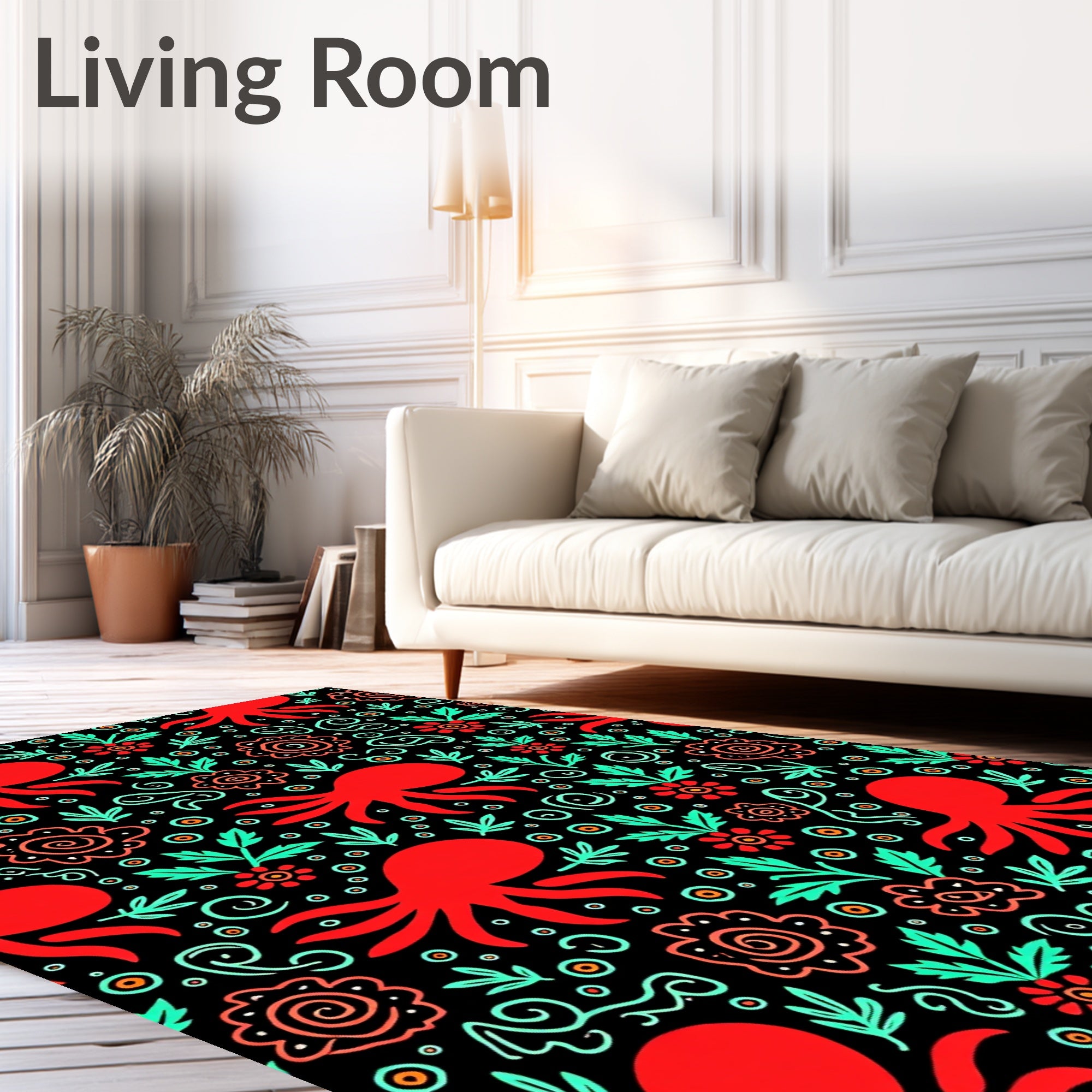 Red Octopus Floral Whimsical Folk Art Rug