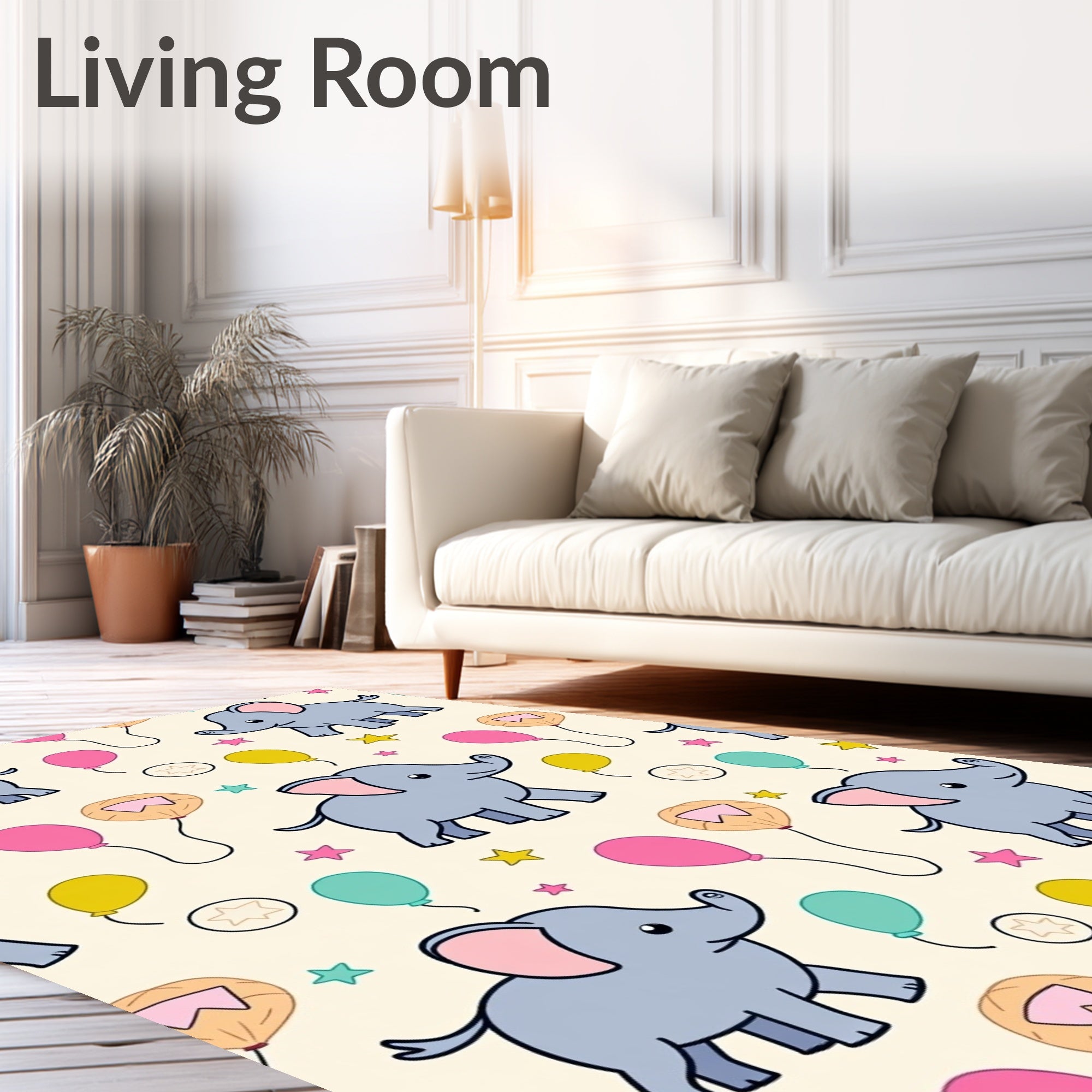 Cute Blue Elephants Whimsical Balloon Stars Rug
