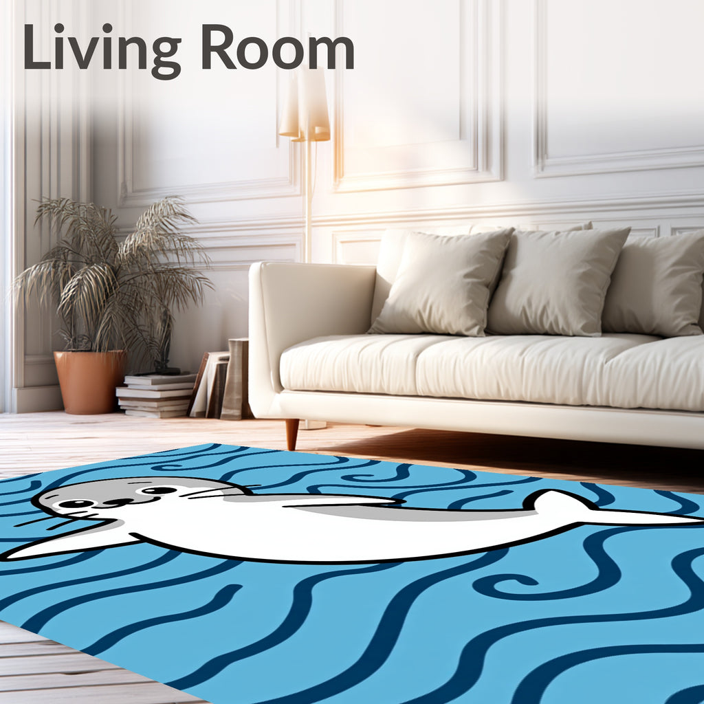 Cute White Seal Blue Wave Swirls Rug