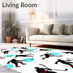 Dynamic Black Hockey Player Silhouette Aqua Burst Rug
