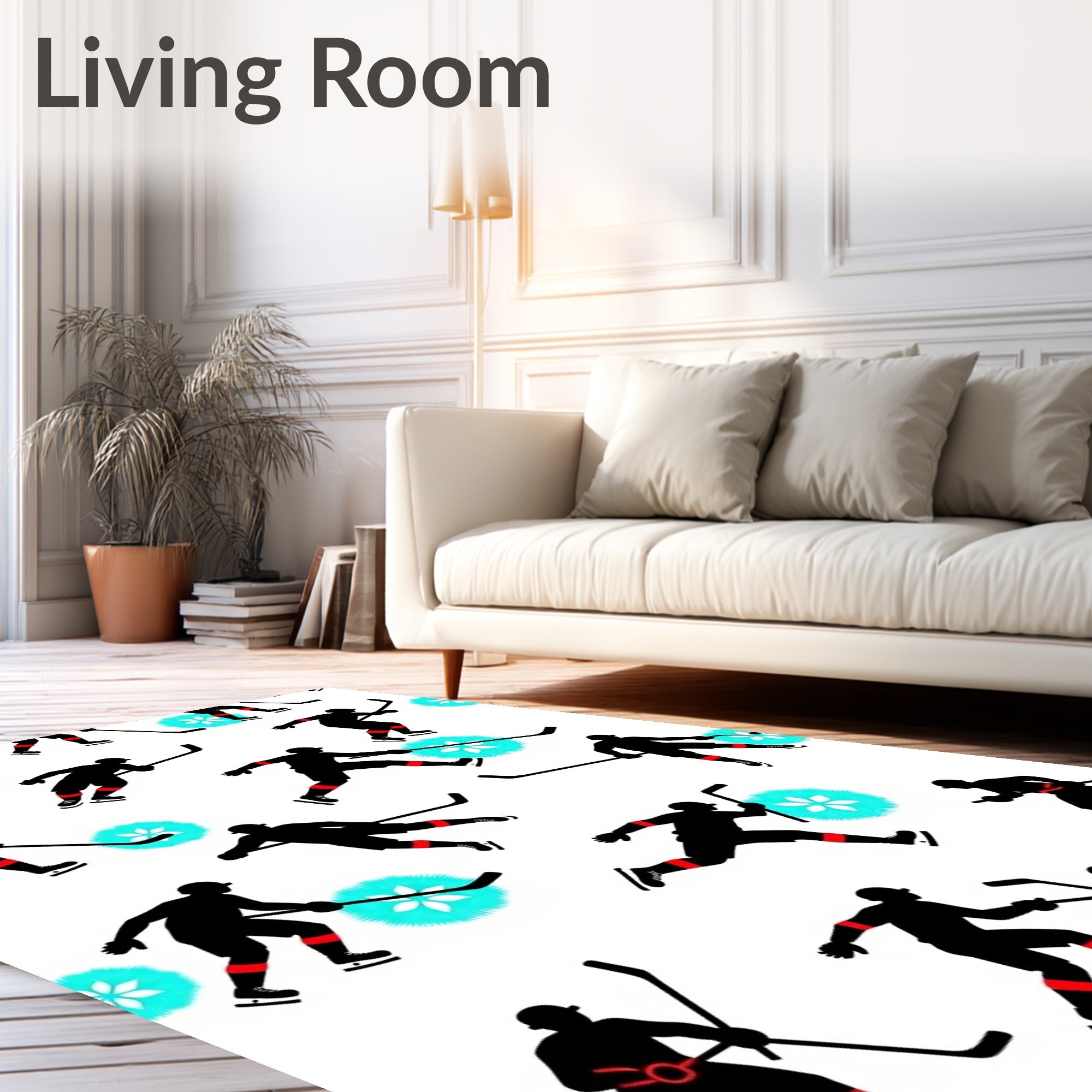 Dynamic Black Hockey Player Silhouette Aqua Burst Rug