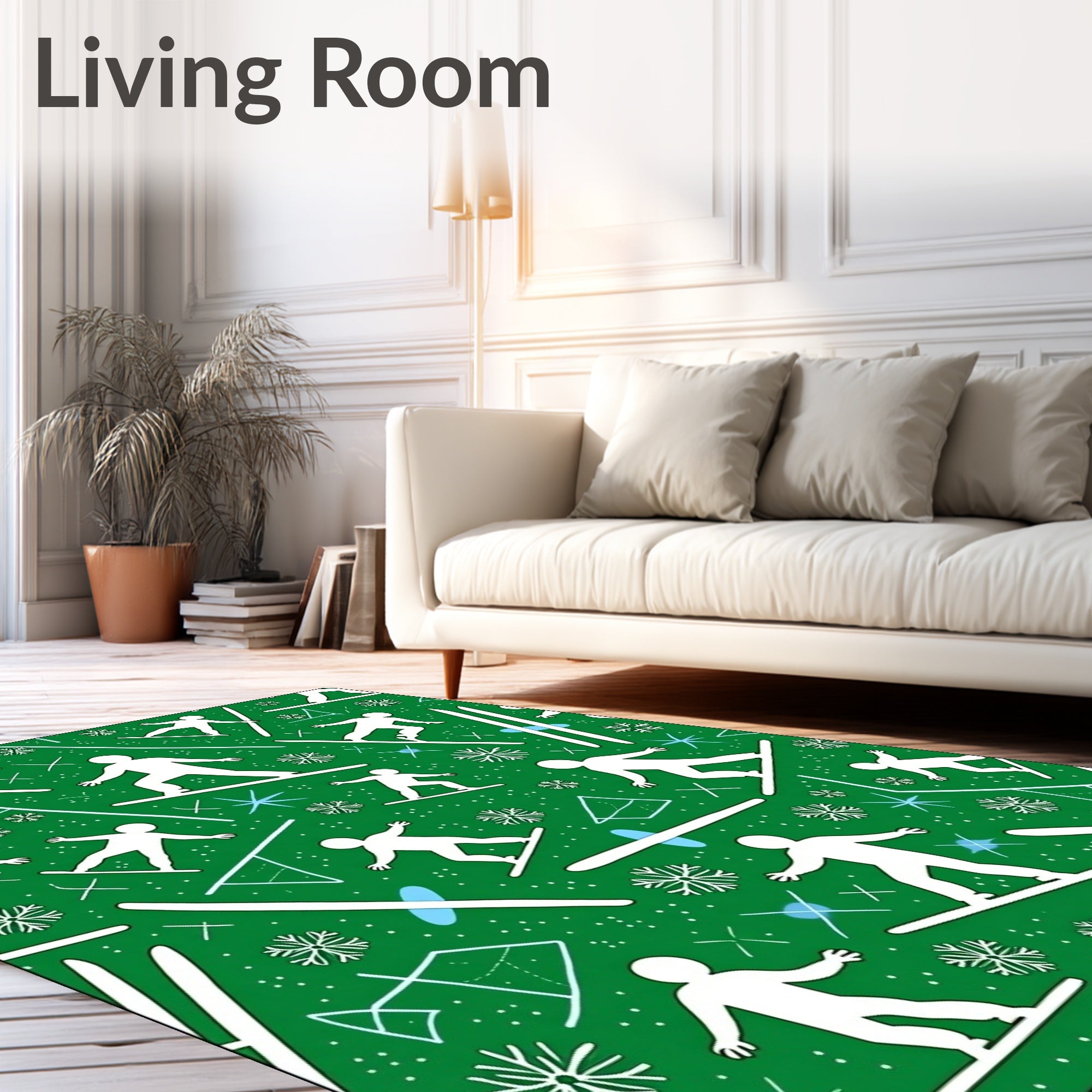 Green Snowboarding Snowflakes Joyful Skiers Rug