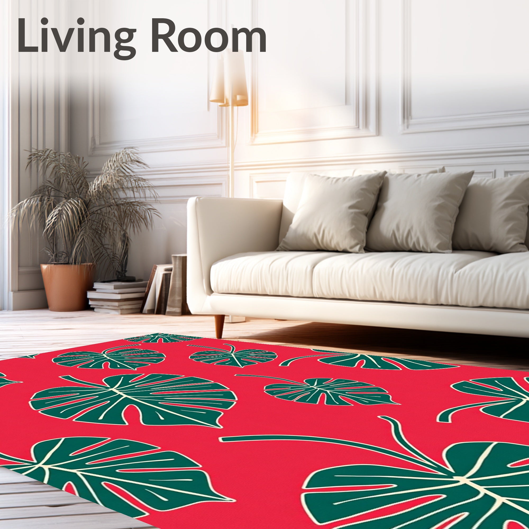 Tropical Teal Monstera Leaves Red Rug