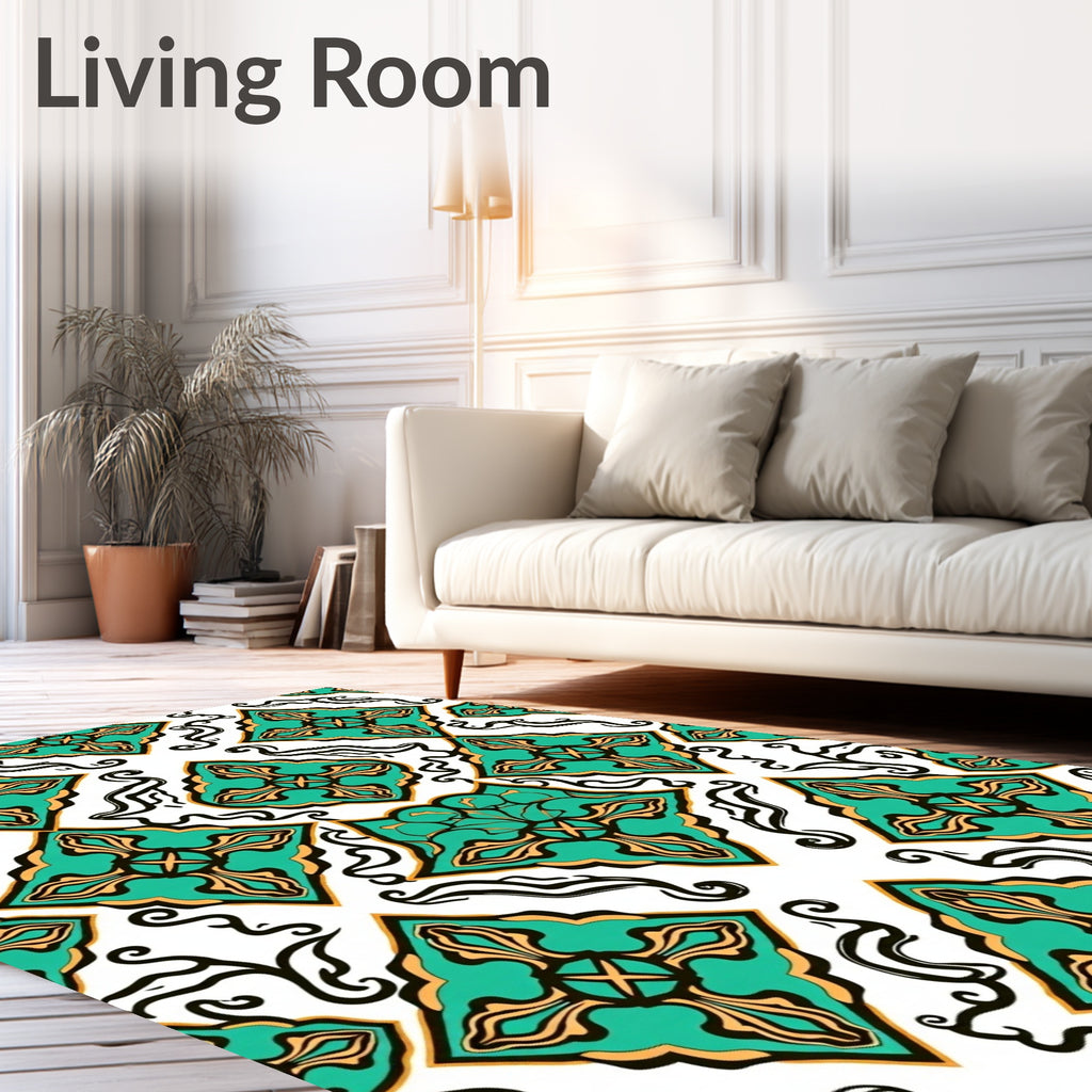 Emerald and Gold Arabesque Tile Rug