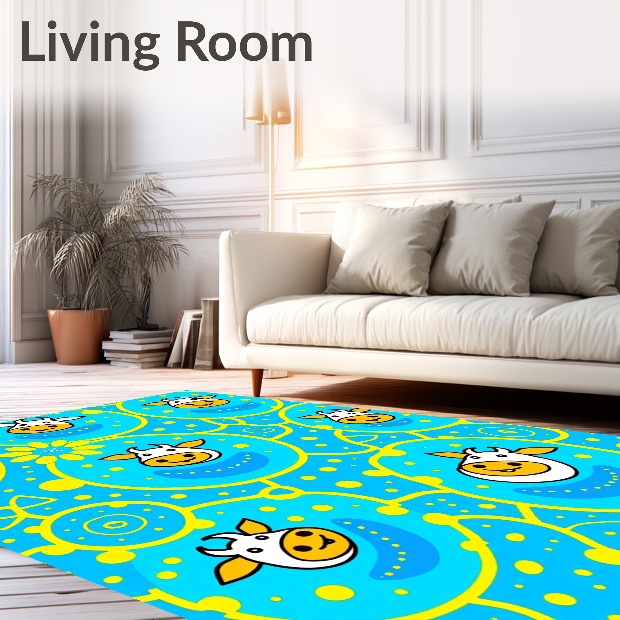 Fun Blue Yellow Cow Circles Rug