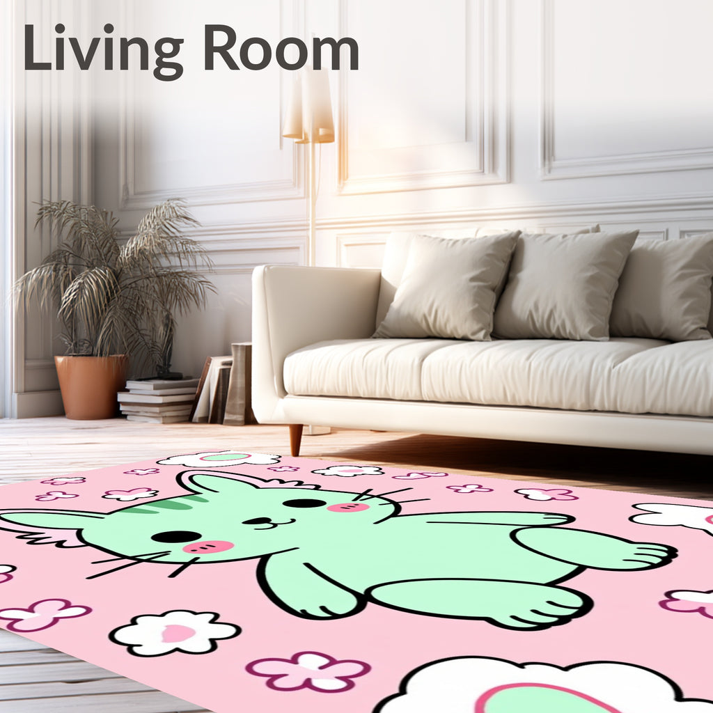 Kawaii Mint Cat Pink Floral Meadow Rug