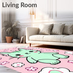 Kawaii Mint Cat Pink Floral Meadow Rug