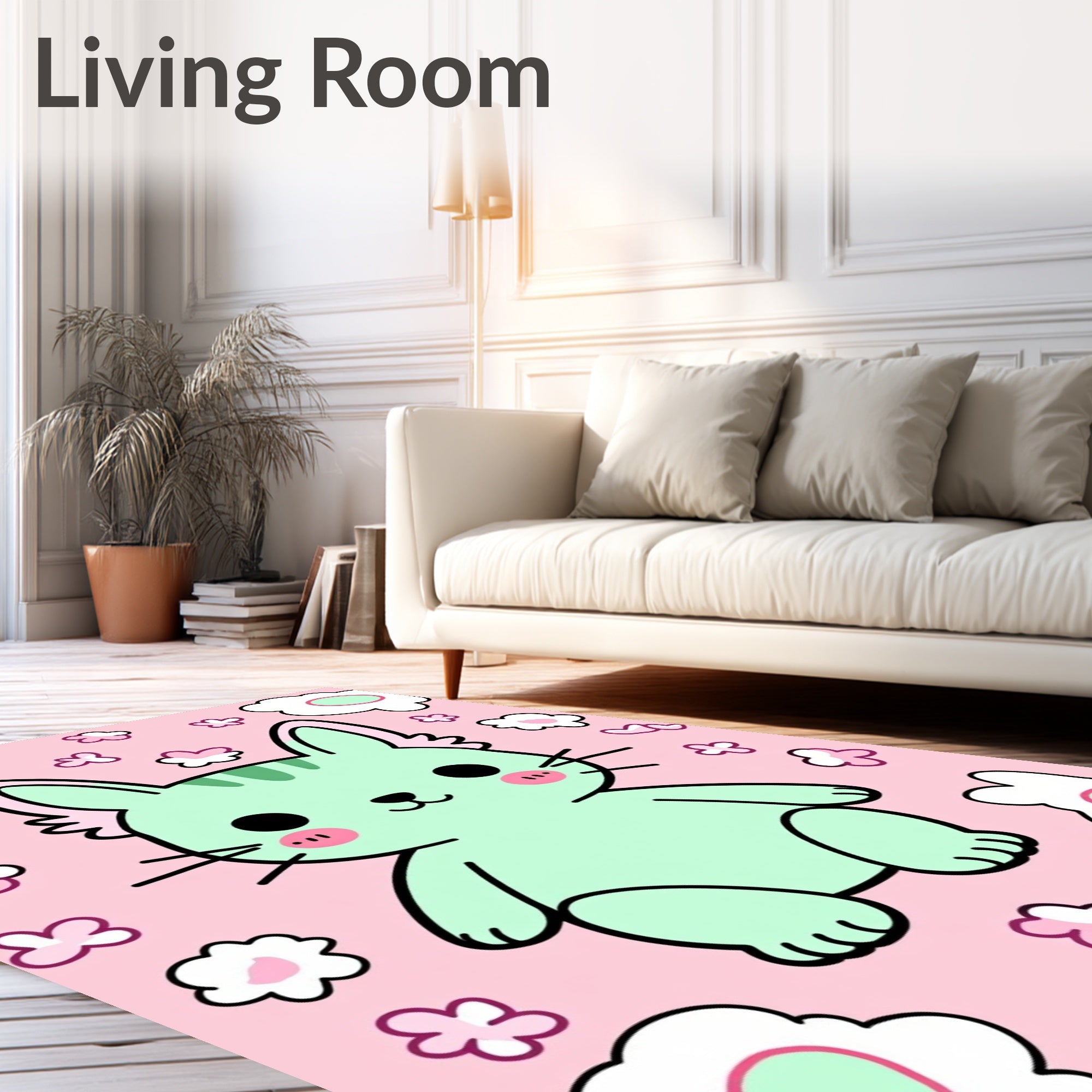 Kawaii Mint Cat Pink Floral Meadow Rug