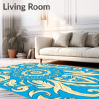 Bright Blue Golden Floral Medallion Rug