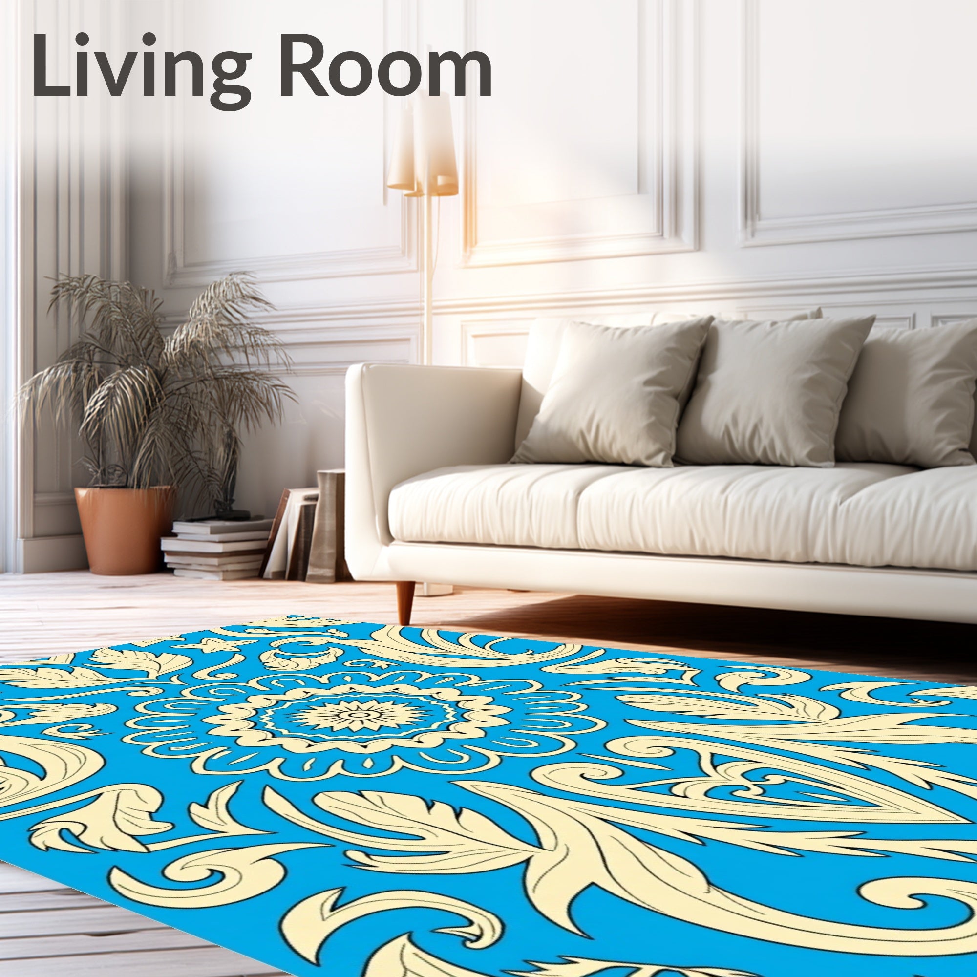 Bright Blue Golden Floral Medallion Rug