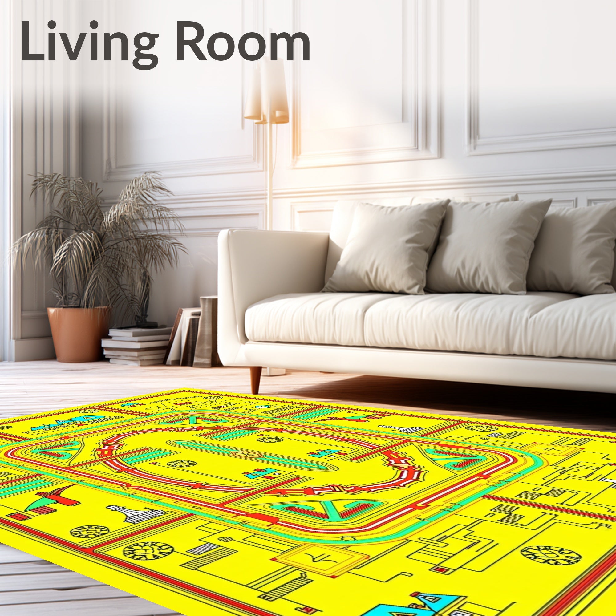 Yellow Red Teal Village Cityscape Mandala Rug