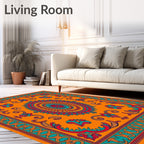 Vibrant Orange Floral Medallion Border Rug
