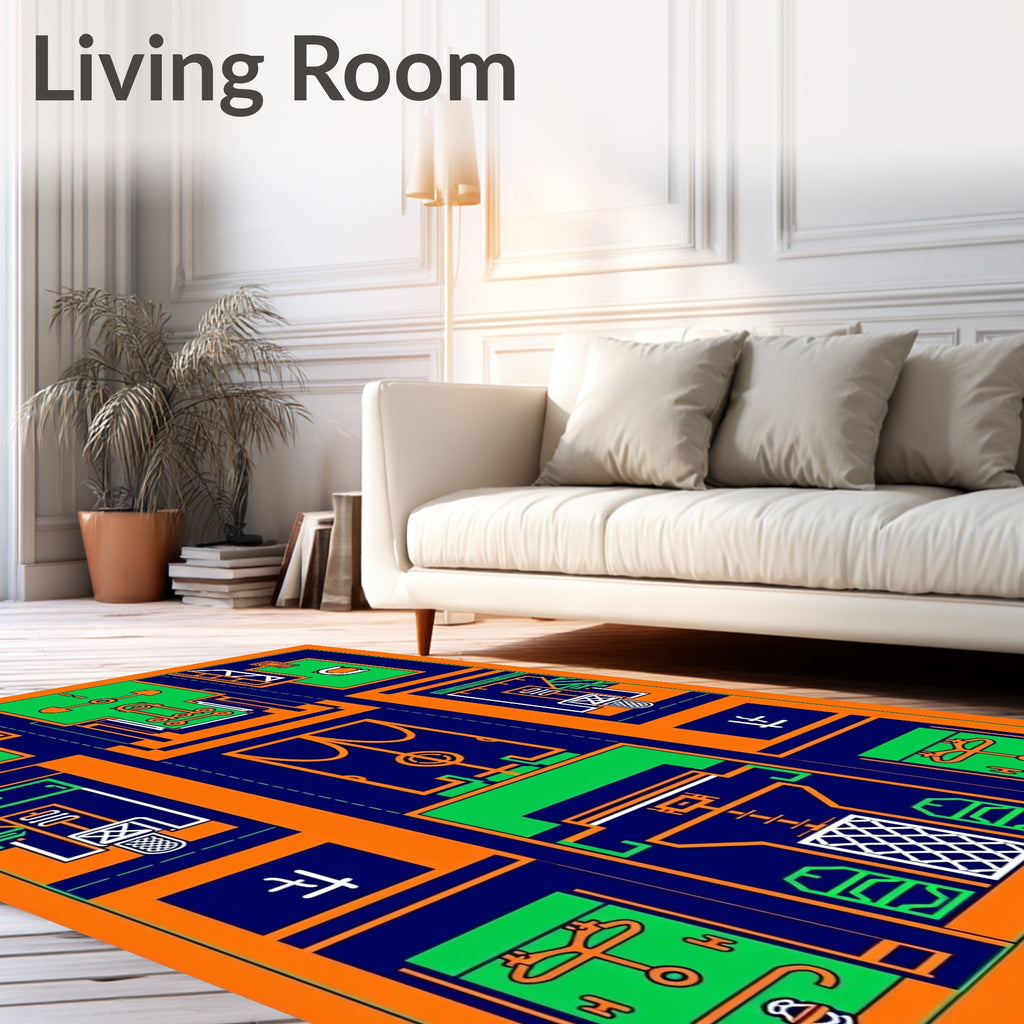 Industrial Blue Orange Green Geometric Collage Rug
