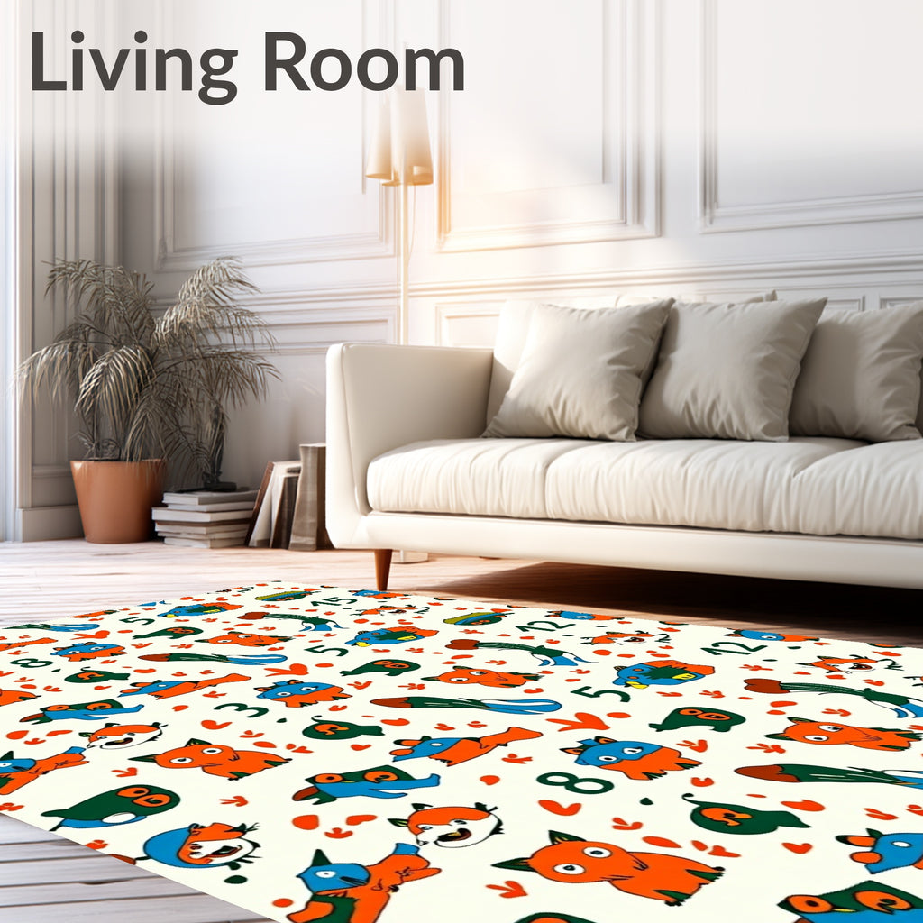 Playful Orange Blue Critters Numbers Collage Rug