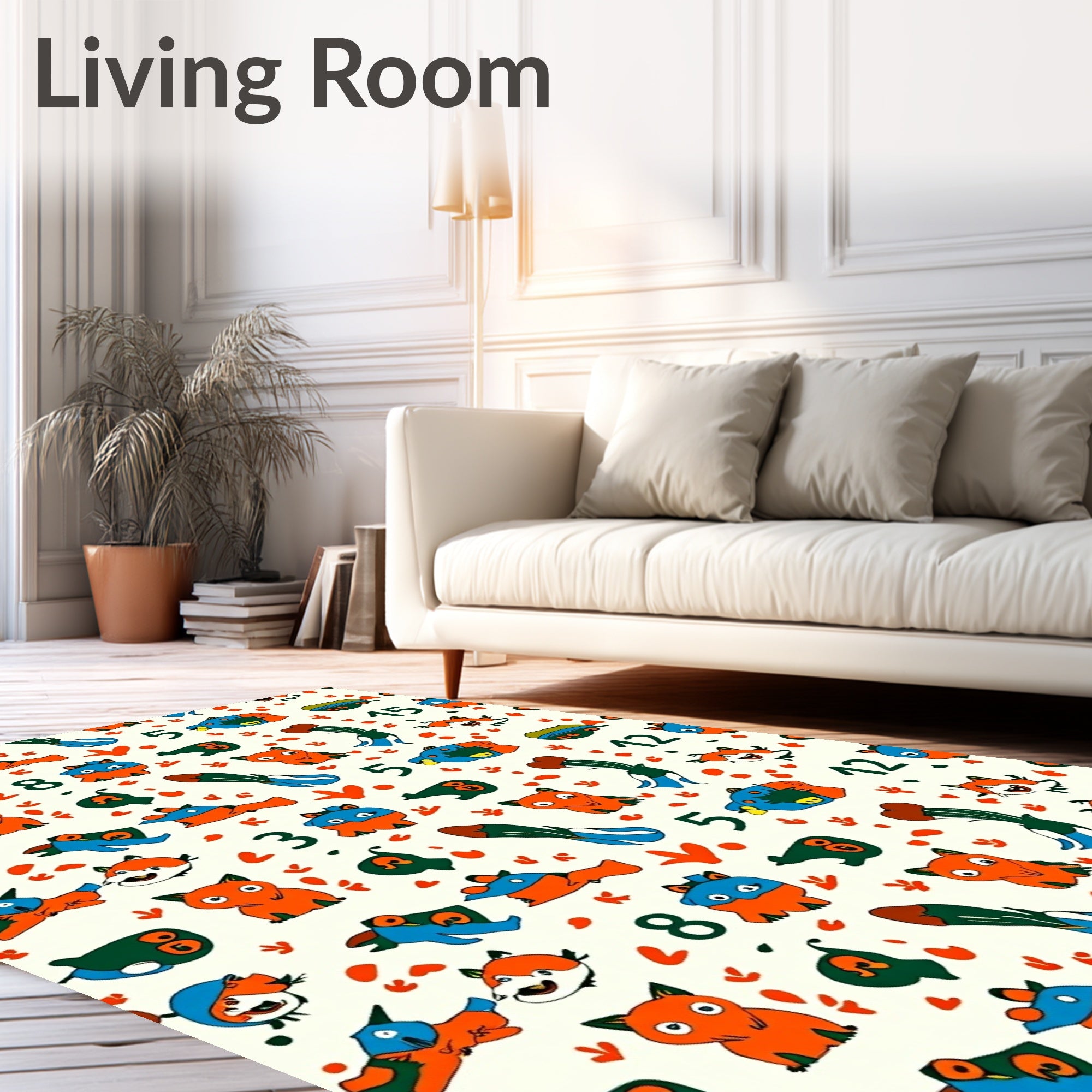 Playful Orange Blue Critters Numbers Collage Rug