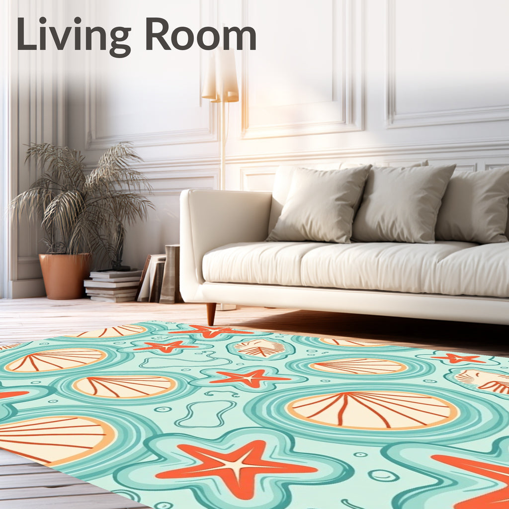 Oceanic Starfish Shells Aqua Coral Rug