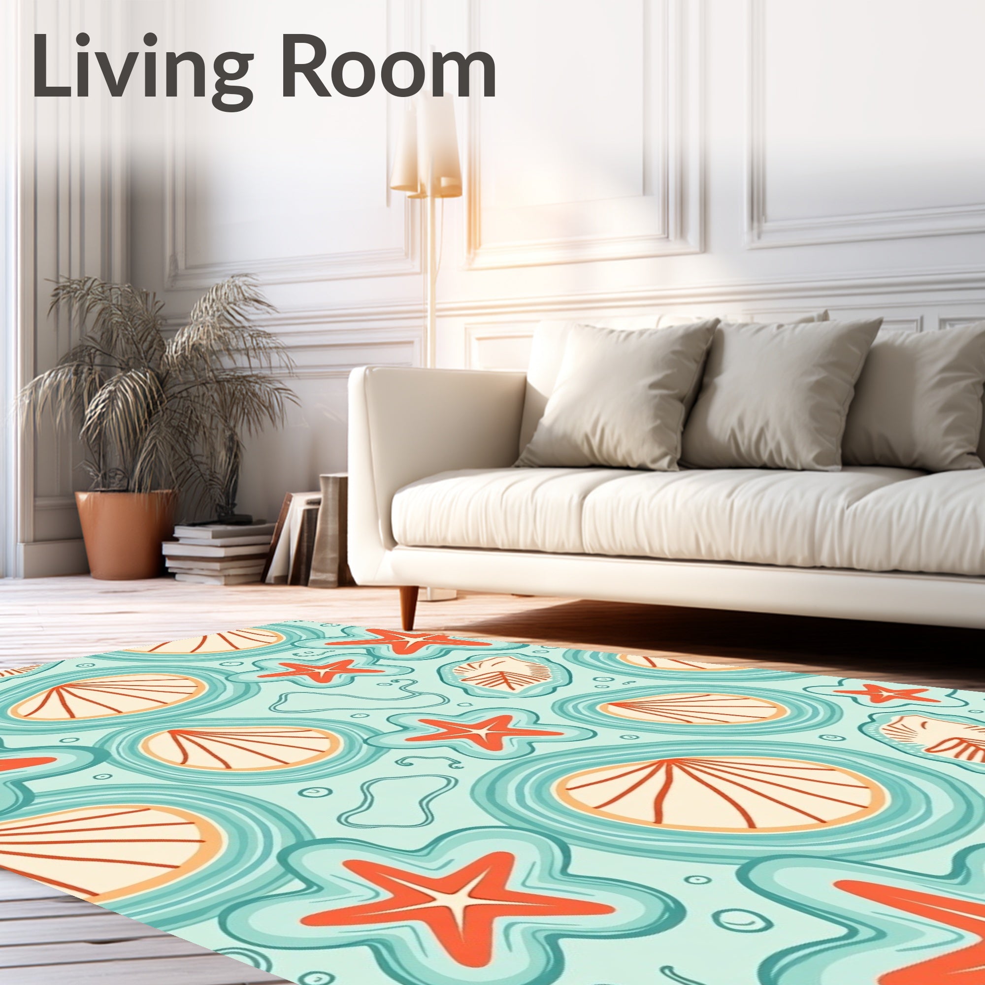 Oceanic Starfish Shells Aqua Coral Rug