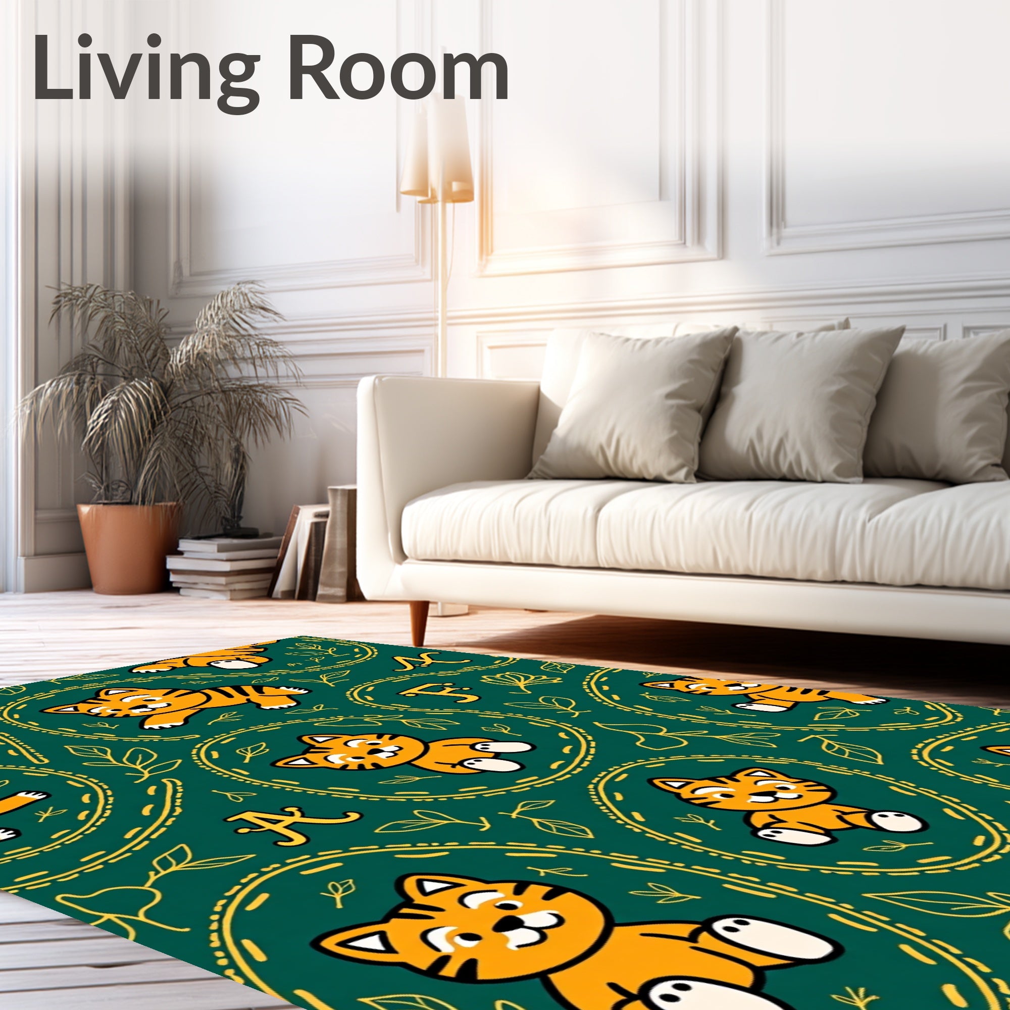 Cute Orange Tiger Leafy Swirls Rug