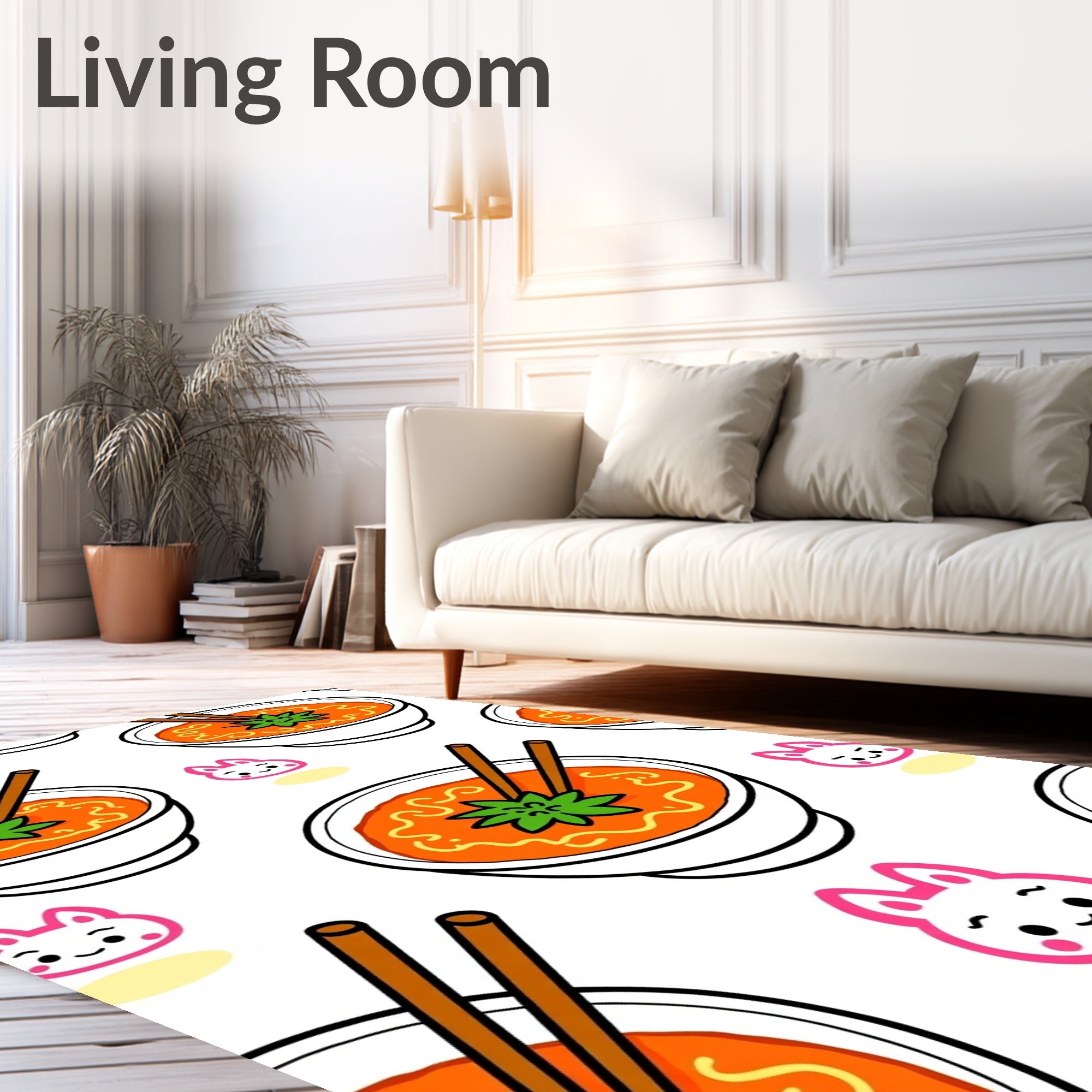 Kawaii Orange Noodle Soup Bunny Collage Rug