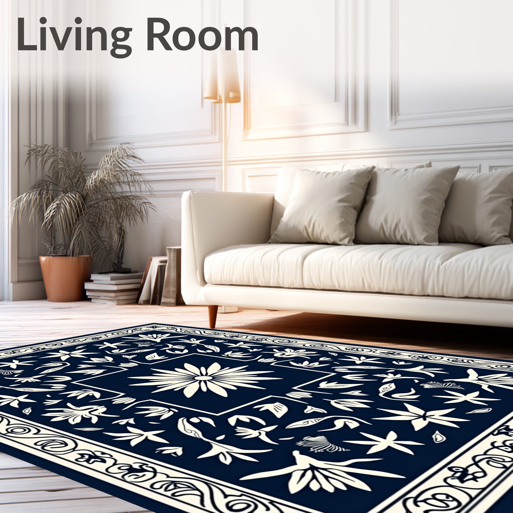 Navy Cream Floral Medallion Botanical Rug