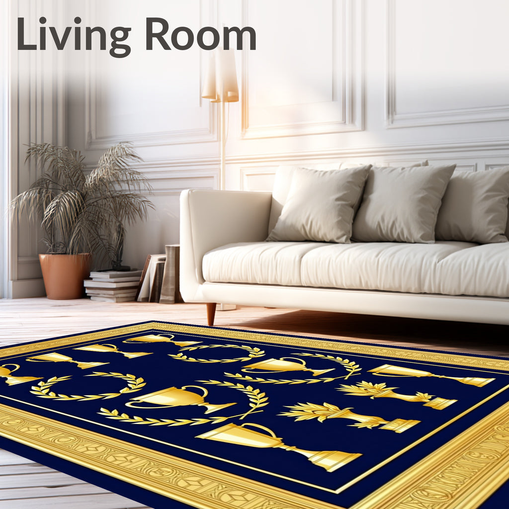 Gold Trophies Laurel Wreaths Navy Rug