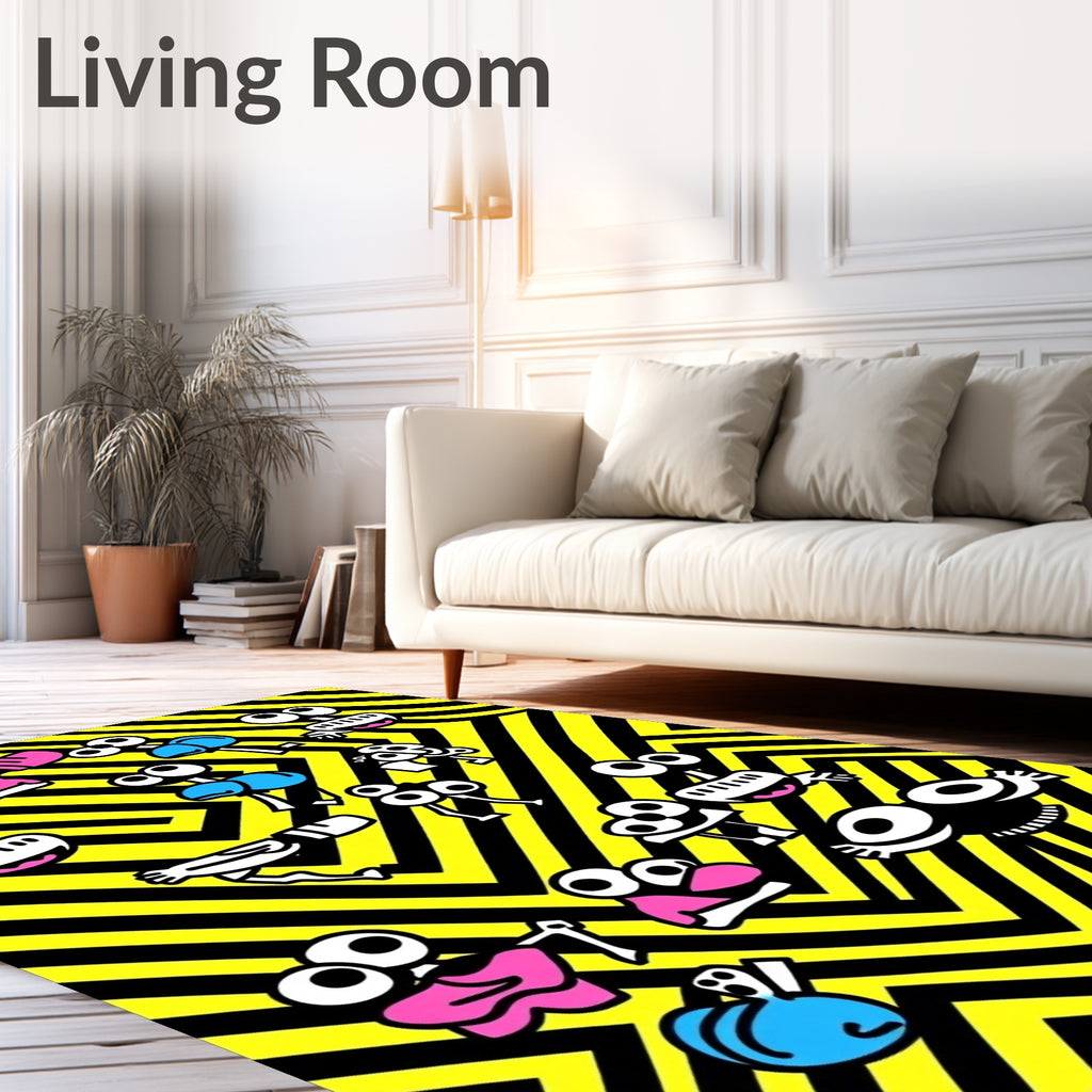 Whimsical Creatures Black Yellow Chevron Rug