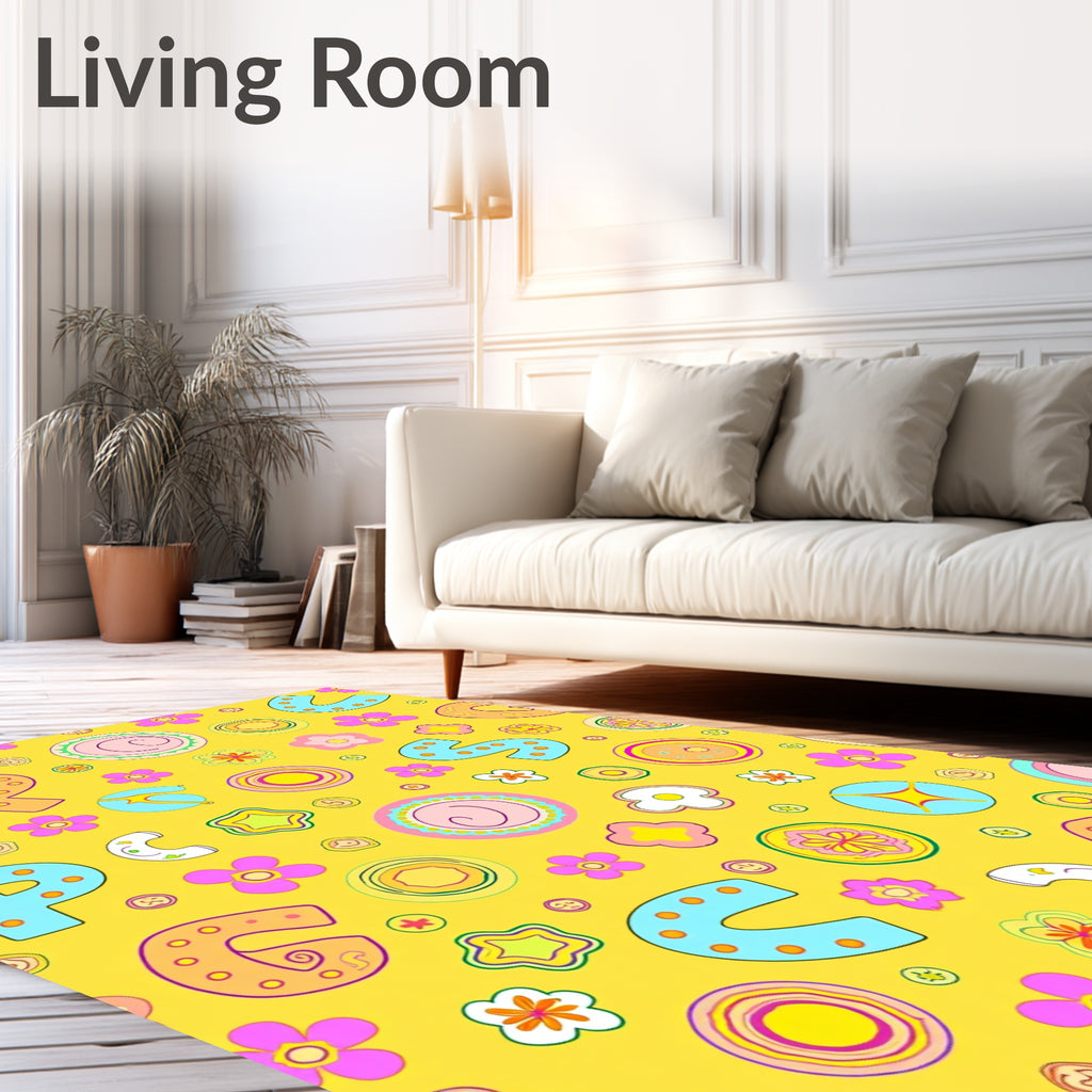 Playful Yellow Alphabet Floral Circles Rug