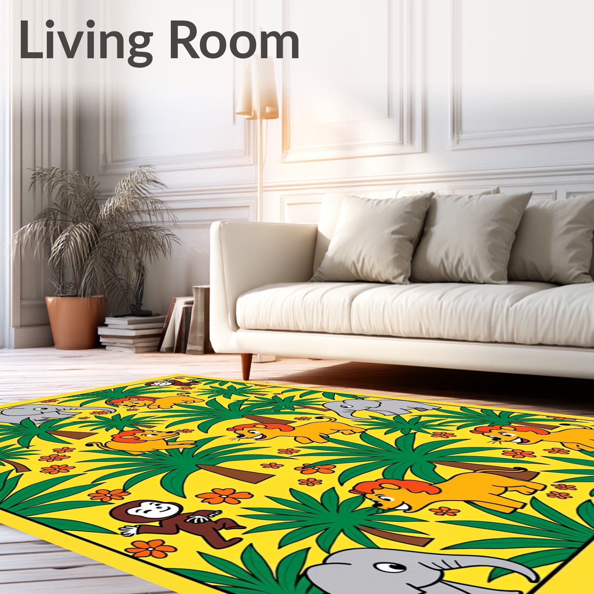Playful yellow jungle with lions elephants Rug