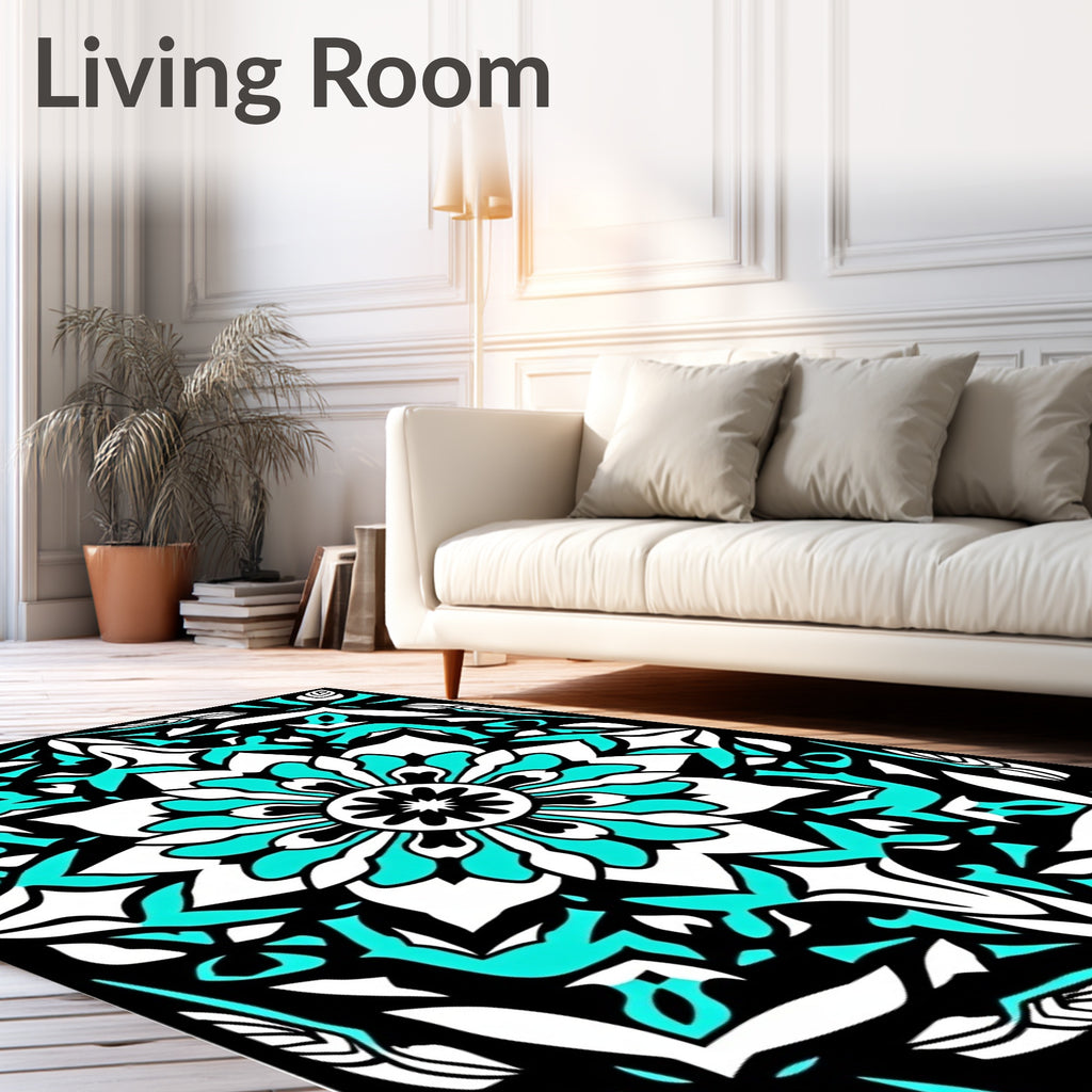 Black Teal White Medallion Floral Graphic Rug