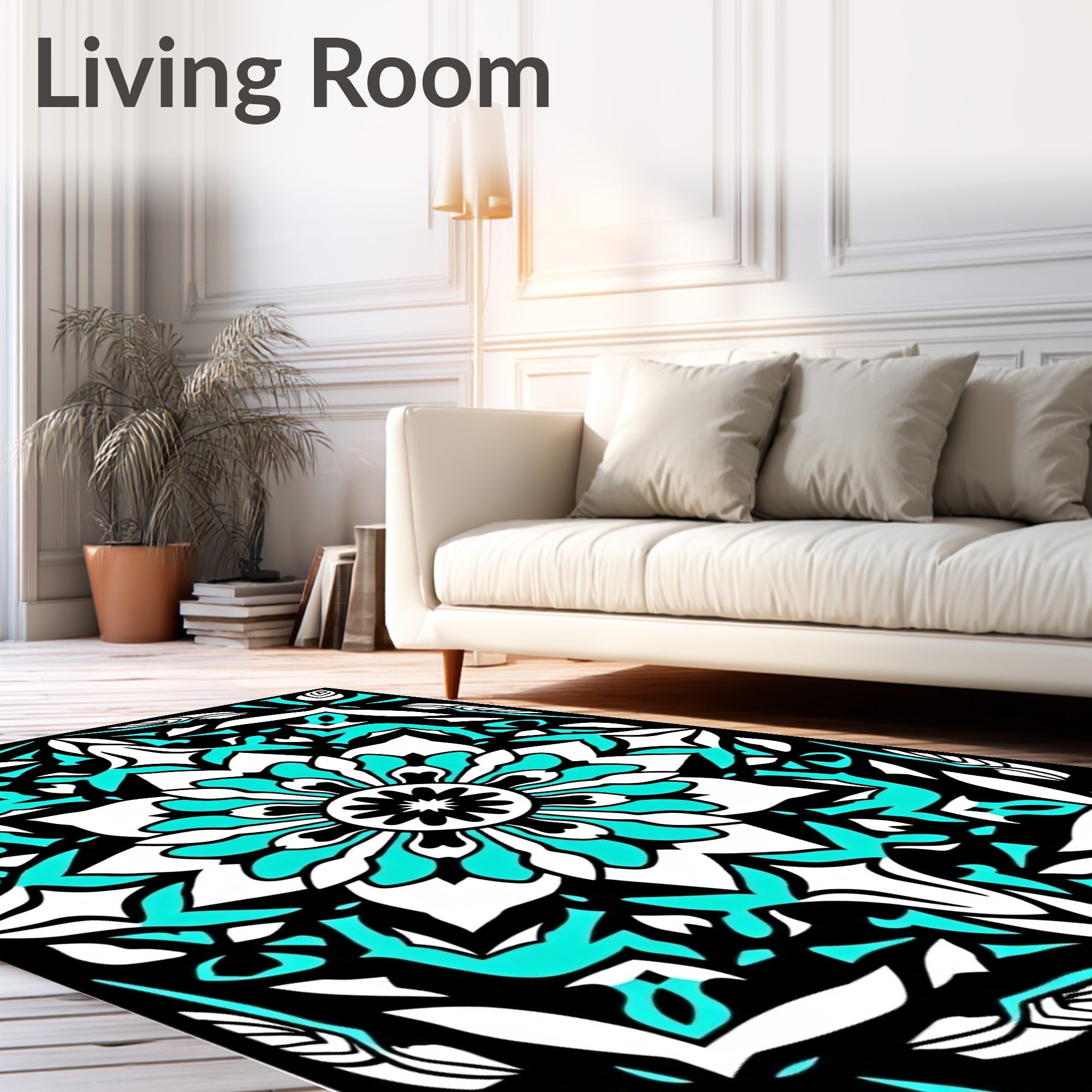 Black Teal White Medallion Floral Graphic Rug