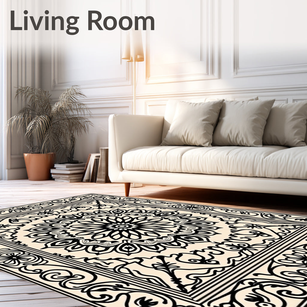 Black Floral Medallion Ivory Square Rug