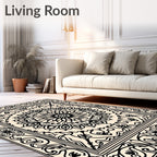 Black Floral Medallion Ivory Square Rug