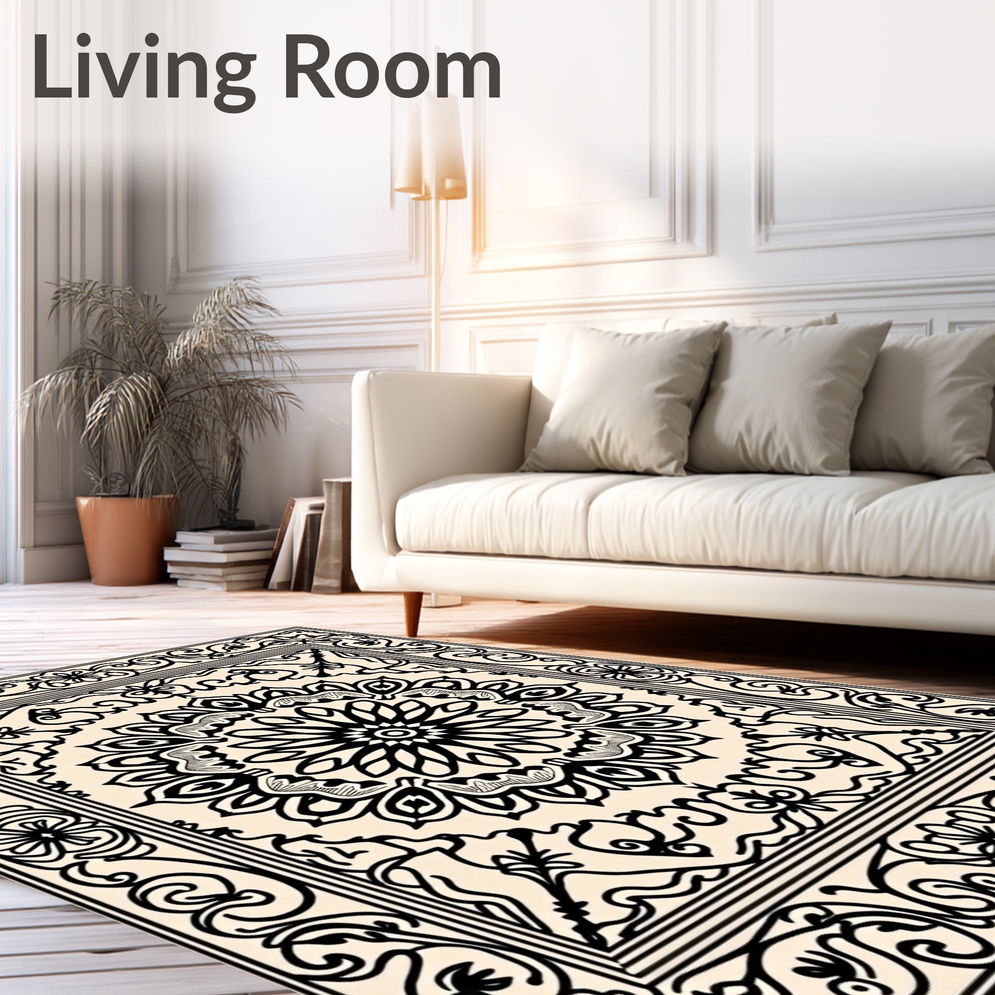 Black Floral Medallion Ivory Square Rug
