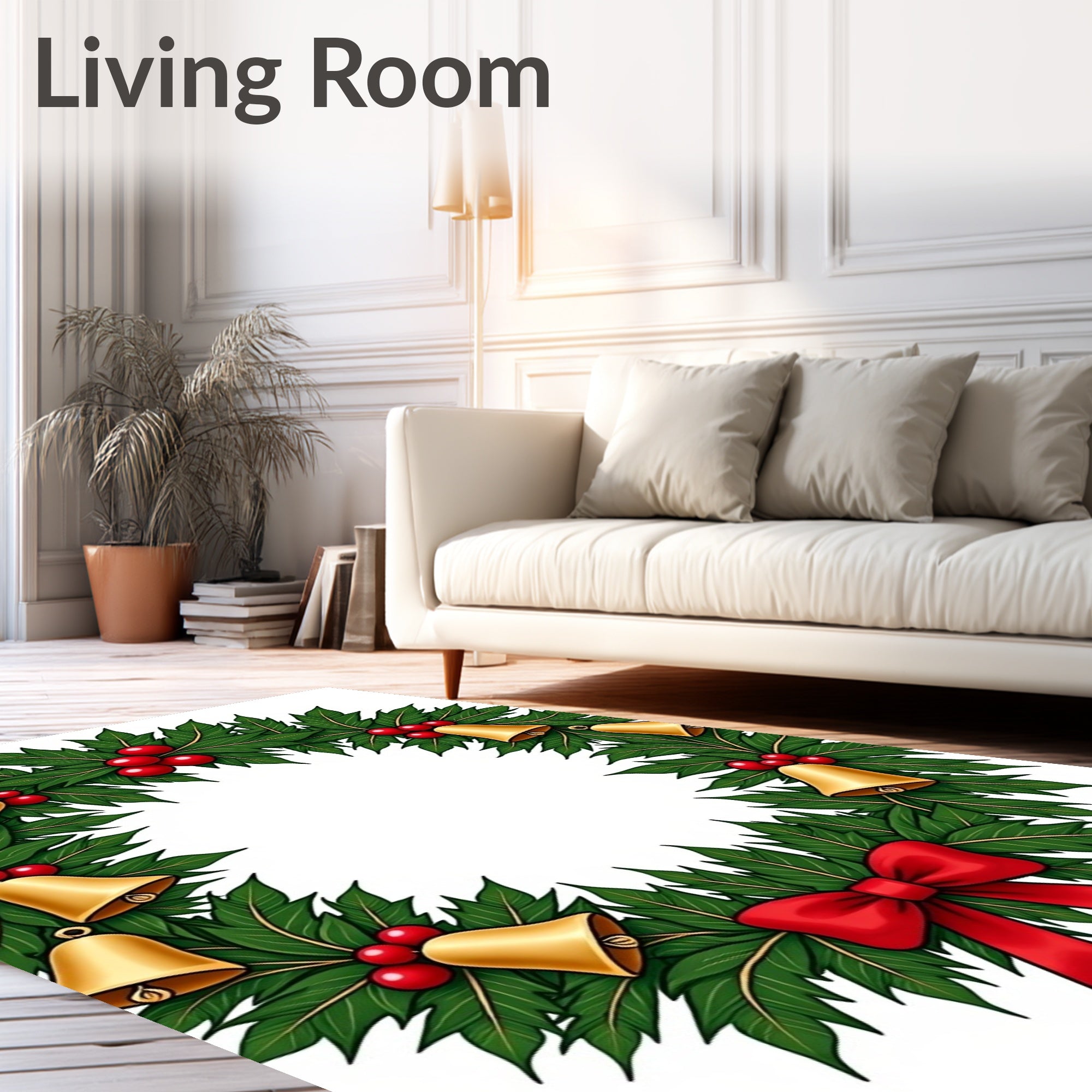 Classic Green Holly Bells Red Bow Wreath Rug