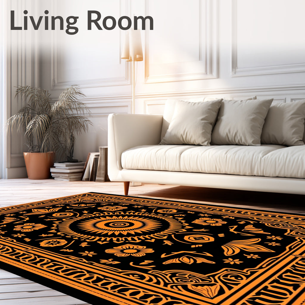 Orange Black Sun Floral Medallion Rug