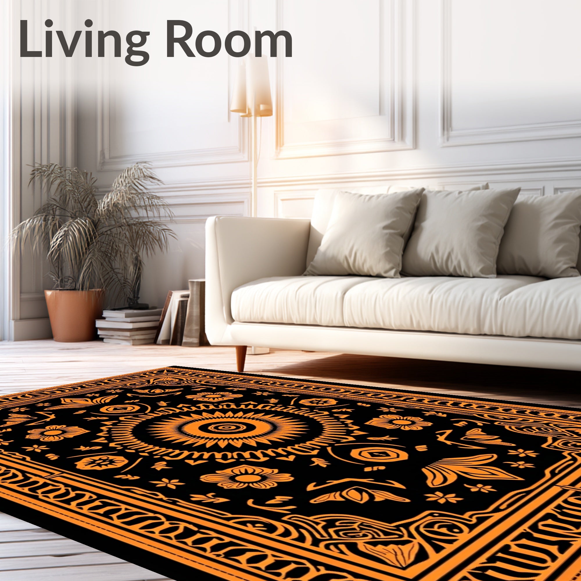 Orange Black Sun Floral Medallion Rug