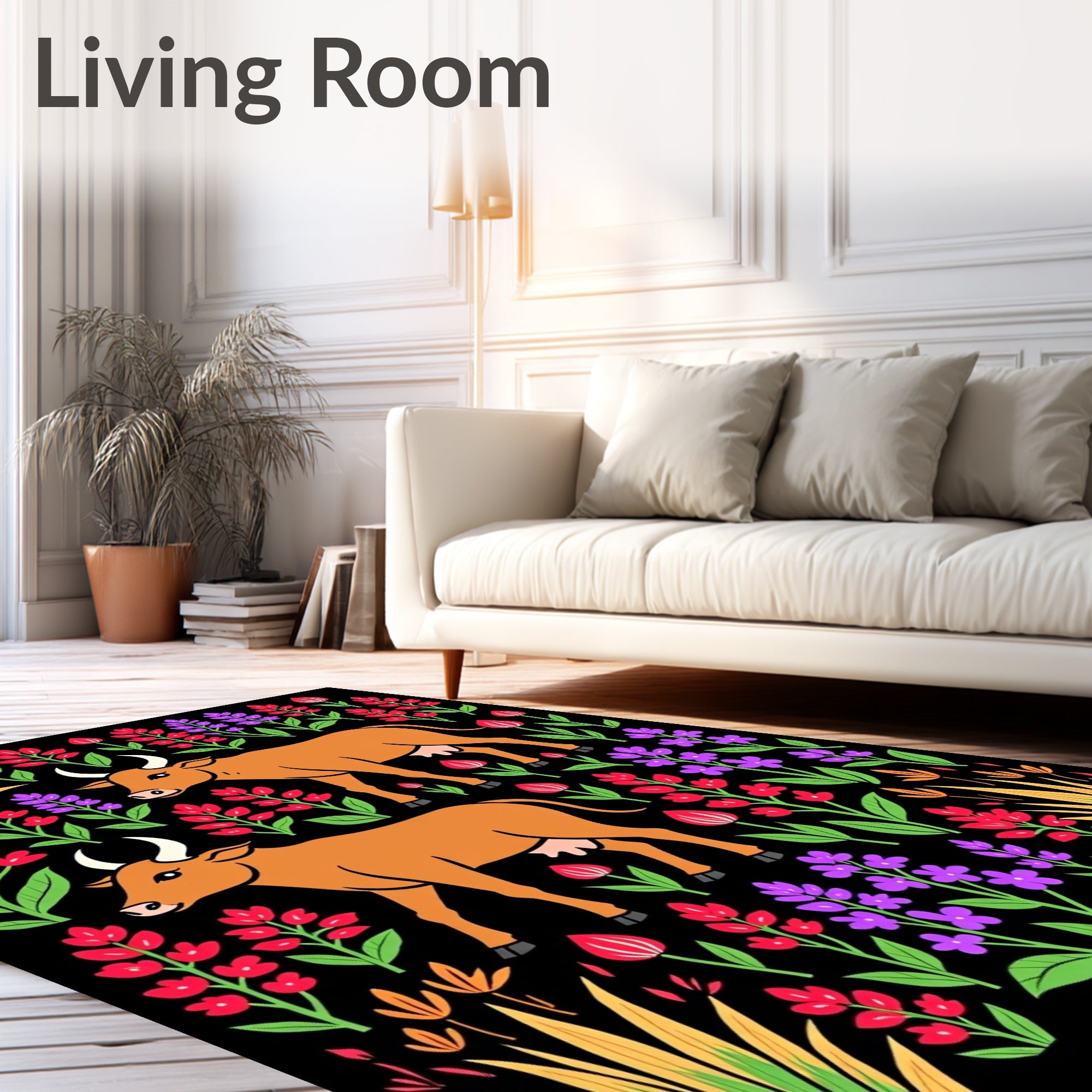 Brown Cattle Among Vibrant Floral Stems Rug