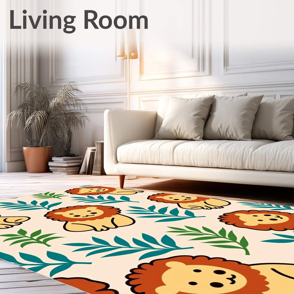 Cute Lion Jungle Leaves Repeat Rug