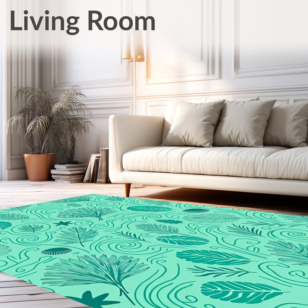 Teal Tropical Foliage Swirl Rug